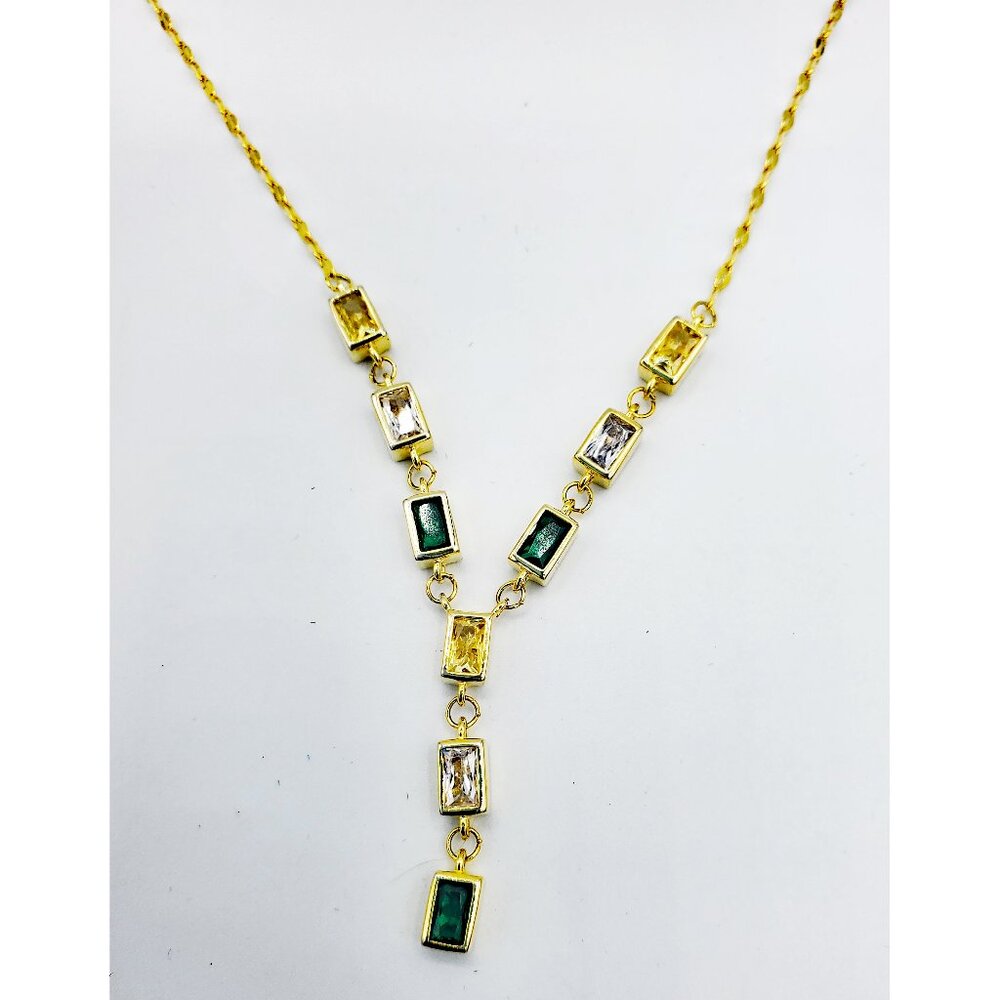 Emerald Cut Green Yellow & Clear Stones Gold Plated Y Necklace 16" NWOT